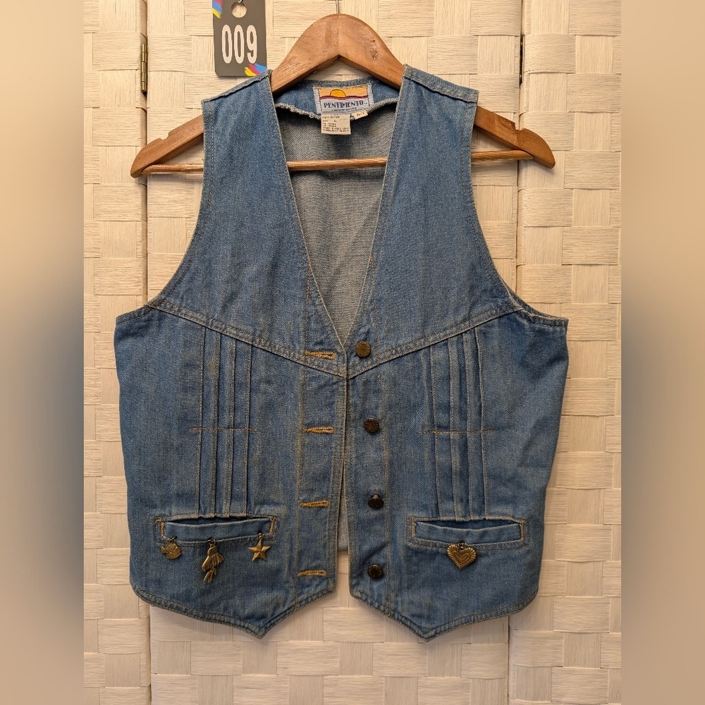Vintage Pentimento Denim Vest Medium Wash Cinch Back Charms Womens Large B-7 - Picture 4 of 11